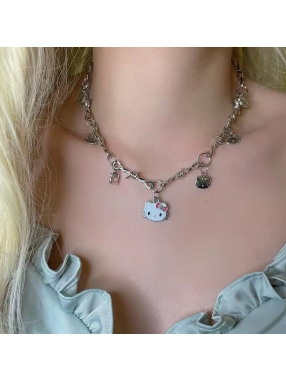 Hello Kitty Charm Necklace – Silver Barbed Wire Chain with Dangling Kitty Charms